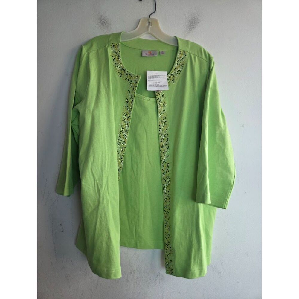 NWOT Quacker Factory Green w/ Gold Black Metallic Studs Top Cardigan Set size XL
